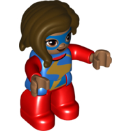 Duplo Figure with Long Hair Section in Front Dark Brown, Red Legs, Gold Lightning Stripe Print (Ms Marvel) (Blue)