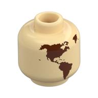 Minifig Head (No Face), Reddish Brown World Map with Japan, Hawaii Print (Tan)