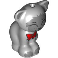 Animal, Cat, Sitting with Closed Eyes, Dark Bluish Grey Face, Dark Red Bow Print (Gertrude) (Light Bluish Gray)