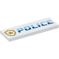 Tile 2 x 6 with Gold Badge, Blue 'POLICE' Print (White)