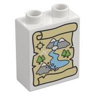 Duplo Brick 1 x 2 x 2 with Treasure Map, Mountains, River Print (White)