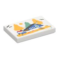 Tile 2 x 3 with Painting of Cabin, Trees, Birds, Car Print (White)