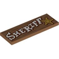 Tile 2 x 6 with white 'SHERIFF', Star on Wooden Board Print (Medium Nougat)