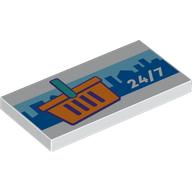 Tile 2 x 4 with Shopping Basket, Blue City, '24/7' Print (White)