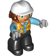 Duplo Figure with Hard Hat and Long Hair, Black Legs, Safety Vest, Light Bluish Grey Hands (Orange)