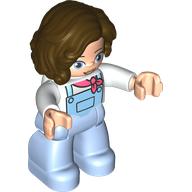 Duplo Figure with Long Hair Parted on Left Reddish Brown, Bright Light Blue Legs, Coral Neckerchief Print (White)