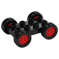 Duplo Car Base 2 x 4 with Fixed Axles - 27.5 Black Tires & Red Wheels (Black)