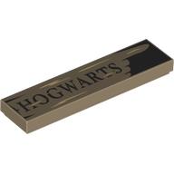 Tile 1 x 4 with Wooden Sign, Pointing Finger, Dark Brown 'HOGWARTS' Print (Dark Tan)