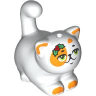 Animal, Cat, Chubby with Orange Spots, Olive Green Eyes, Smile, Holly Leaves Print (Churro) (White)