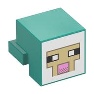 Minifig Head Special, Cube with Rear Ledge, Pixelated White and Tan Face, Dark Tan Outline with Pink Mouth Print (Dark Turquoise)