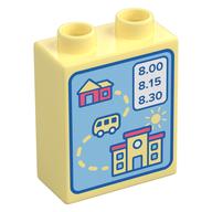 Duplo Brick 1 x 2 x 2 with House, Bus, School, and '8:00, 8:15, 8:30' Print (Bright Light Yellow)