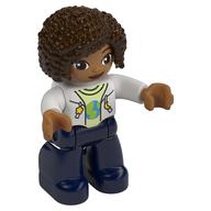 Duplo Figure with Curly Hair Dark Brown, Dark Blue Legs, Jacket over Yellowish Green Shirt Print (White)