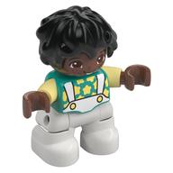 Duplo Figure Child with Short Wavy Hair Black, White Legs, Bright light Yellow Stars Print (Dark Turquoise)