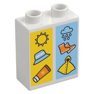 Duplo Brick 1 x 2 x 2 with Sun, Hat, and Sunscreen on Yellow Background, and Rain Cloud, Rain Boots, Raincoat on Blue Background Print (White)