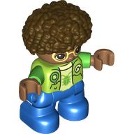 Duplo Figure Child, Afro Dark Brown, Blue Legs, Green Bug on Shirt, Bright Light Yellow Glasses Print (Lime)