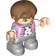 Duplo Figure Child, Hair Combed Forward with Curl Medium Nougat, Light Bluish Gray Legs, Bright Pink Jacket Print (Bright Pink)