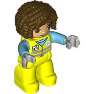 Duplo Figure with Curly Hair Dark Brown, Vibrant Yellow Safety Suit with ID Badge and Recycling Symbol Print (Vibrant Yellow)