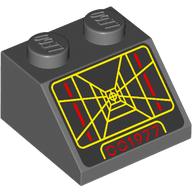 Brick Sloped 45° 2 x 2 with Red '001977', Red/Yellow Lines, Targeting Screen Print (Dark Bluish Gray)
