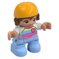 Duplo Figure Child with Hair and Bike Helmet Bright Light Orange, Bright Light Blue Legs, Striped Shirt with Heart Print (White)