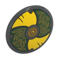 Shield Round Bowed with Yellow and Dark Green Panels, Gold Dragon (Viking) Print (Dark Bluish Gray)