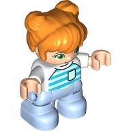 Duplo Figure Child with Two Buns on Top and Long Bangs Orange, Bright Light Blue Legs, Light Aqua and Dark Turquoise Striped Shirt Print (White)