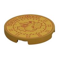 Tile Round 3 x 3 with Dark Red Galleon, Dragon, 'UNUM GALLEON 1' Print (Pearl Gold)