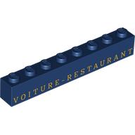 Brick 1 x 8 with Gold 'VOITURE - RESTAURANT' Print (Dark Blue)
