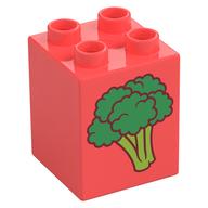 Duplo Brick 2 x 2 x 2 with Broccoli, Cut Pear on Back Print (Coral)