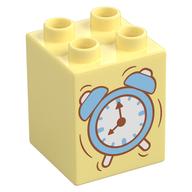 Duplo Brick 2 x 2 x 2 with Alarm Clock Print, Stuffed Bunny on Back Print (Bright Light Yellow)