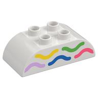 Duplo Brick 2 x 4 Curved Top with Yellow, Green, Bright Pink, Blue, and Coral Wavy Lines Print (White)