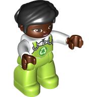 Duplo Figure with Thick Short Hair Combed over Forehead and Bun Black, Reddish Brown Head, Hands, Lime Overall, White Shirt Print (White)