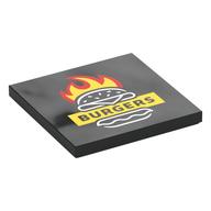 Tile 4 x 4 with 'BURGERS' on Yellow Field, Burger, Red and Yellow Flames Print (Black)