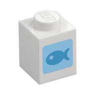 Brick 1 x 1 with Dark Azure Fish on Medium Blue Square Print (White)