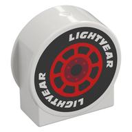Duplo Brick 1 x 3 x 2 Round Top, Cut Away Sides with Black Tire, Red Rim, 'LIGHTYEAR' Print (White)