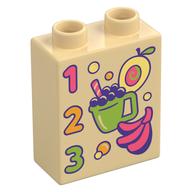 Duplo Brick 1 x 2 x 2 with '1 2 3', Fruit, Drink Print (Tan)