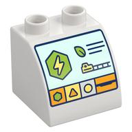 Duplo Brick 2 x 2 x 1 1/2 with Curved Top, Control Screen, Lightning Bolt, Leave, train, Shapes Print (White)
