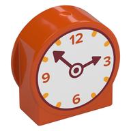 Duplo Brick 1 x 3 x 2 Round Top with Clock, White Face, Dark Red Arms, Orange Numbers / Orange Fruit Print (Reddish Orange)
