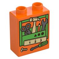 Duplo Brick 1 x 2 x 2 with Bright Green Toolbox, Tools Print (Orange)