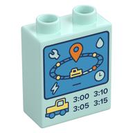 Duplo Brick 1 x 2 x 2 with Control Screen, Train Track, Times Print (Light Aqua)