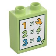 Duplo Brick 1 x 2 x 2 with Check List, 1, 2, 3, Wrench, Lightning Bolt, Droplet Print (Yellowish Green)
