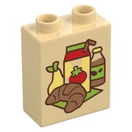 Duplo Brick 1 x 2 x 2 with Croissants, Pear, Juice Box, Bottle Print (Tan)