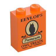 Brick 1 x 2 x 2 with 'EEYLOPS Premium Owl Treats' Print (Orange)