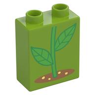 Duplo Brick 1 x 2 x 2 with Green Stem, Ground Print (Lime)