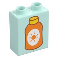 Duplo Brick 1 x 2 x 2 with Orange Sunscreen Bottle Print (Light Aqua)
