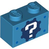 Brick 1 x 2 with '?' on Gear Background and Blue Spots Print (Dark Azure)
