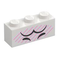 Brick 1 x 3 with Black Eyes, Eyebrows, Bright Pink Lines Print (White)