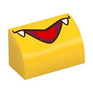 Brick Curved 1 x 2 x 1 No Studs with Open Mouth, Red Tongue, White Fangs Print (Yellow)