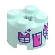 Brick Round 2 x 2 with Dark Pink Door, Windows with Cat Ears Print (Light Aqua)