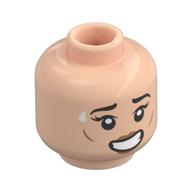 Minifig Head Merry Rumwell/Ervan Soulfallen, Thick Black Eyebrows, Nervous Smile, Sweat / Green Mask, Energy Lines, Lime Eyes, Angry (Light Nougat)