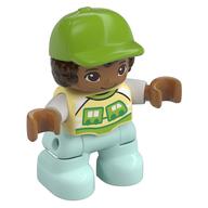 Duplo Figure Child with Hair and Cap Lime, Light Aqua Legs, Bright Light Yellow Shirt Print (Bright Light Yellow)